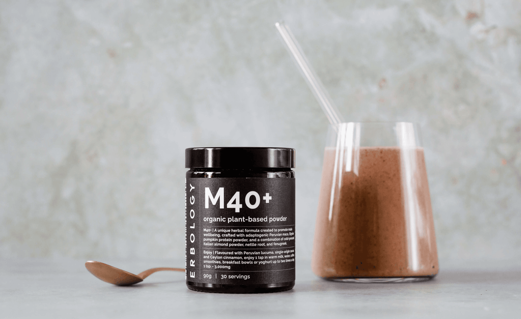ERBOLOGY: Powerhouse Morning Latte with M40+, strength, focus, and a nutty, cacao hug