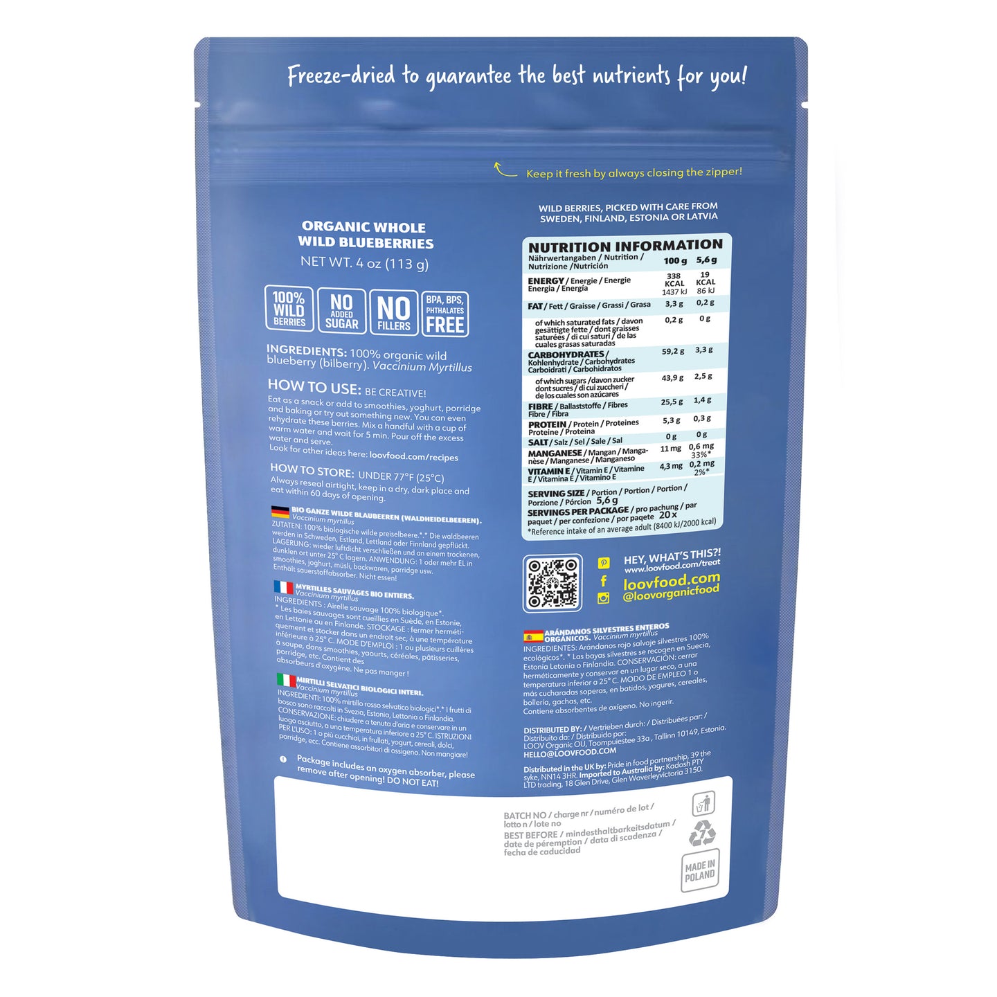 Freeze Dried Blueberries - Wild & Organic - Whole Berries